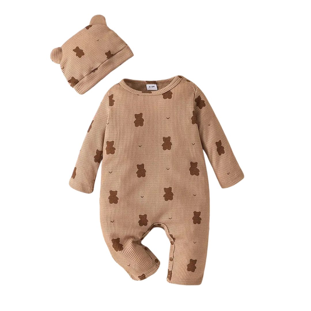 Conjunto de mono y sombrero con diseño de oso de dibujos animados color marrón