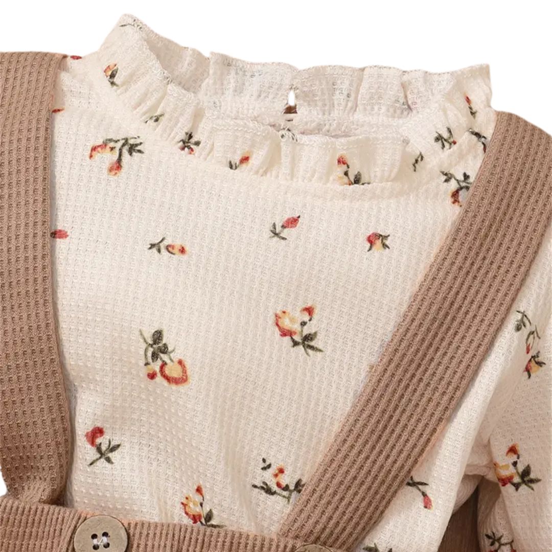 Conjunto de blusa y falda con estampado floral y cintillo para niñas