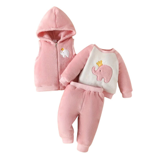 Conjunto de tres piezas para niña con polera buzo y chaleco con capucha