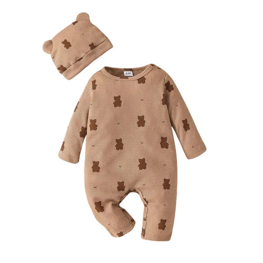 Conjunto de mono y sombrero con diseño de oso de dibujos animados color marrón