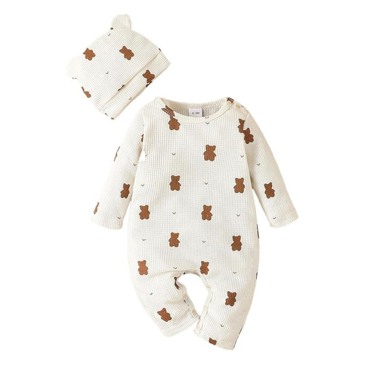 Conjunto de mono y sombrero con diseño de oso de dibujos animados