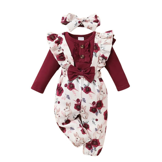 Conjunto de tres piezas con estampado de flores y conejos para niñas