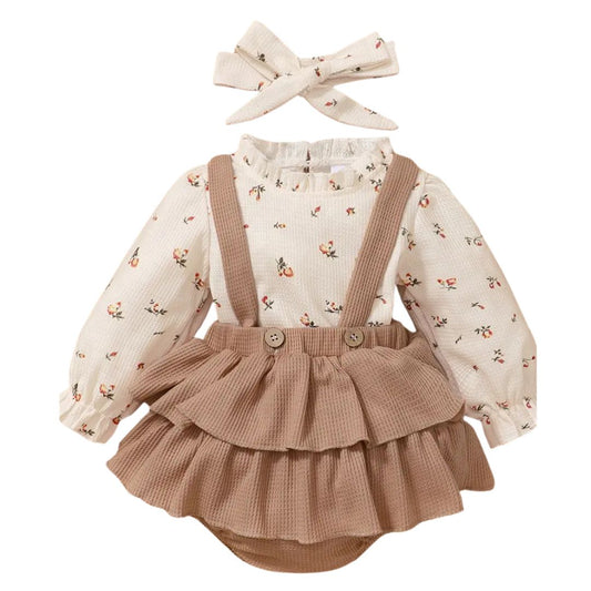 Conjunto de blusa y falda con estampado floral y cintillo para niñas