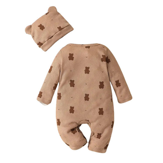 Conjunto de mono y sombrero con diseño de oso de dibujos animados color marrón