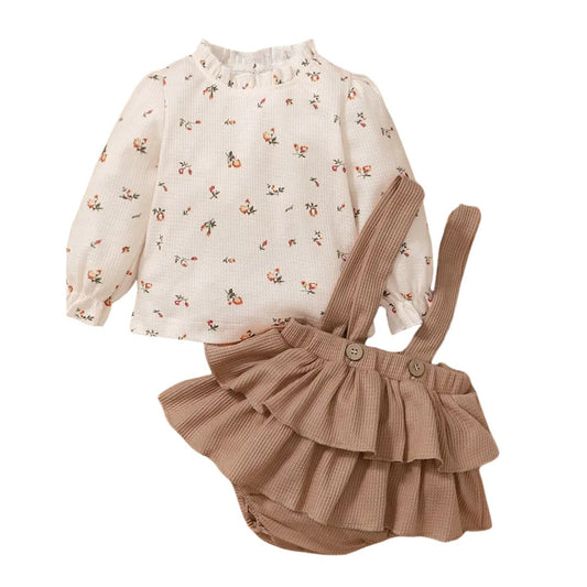 Conjunto de blusa y falda con estampado floral y cintillo para niñas